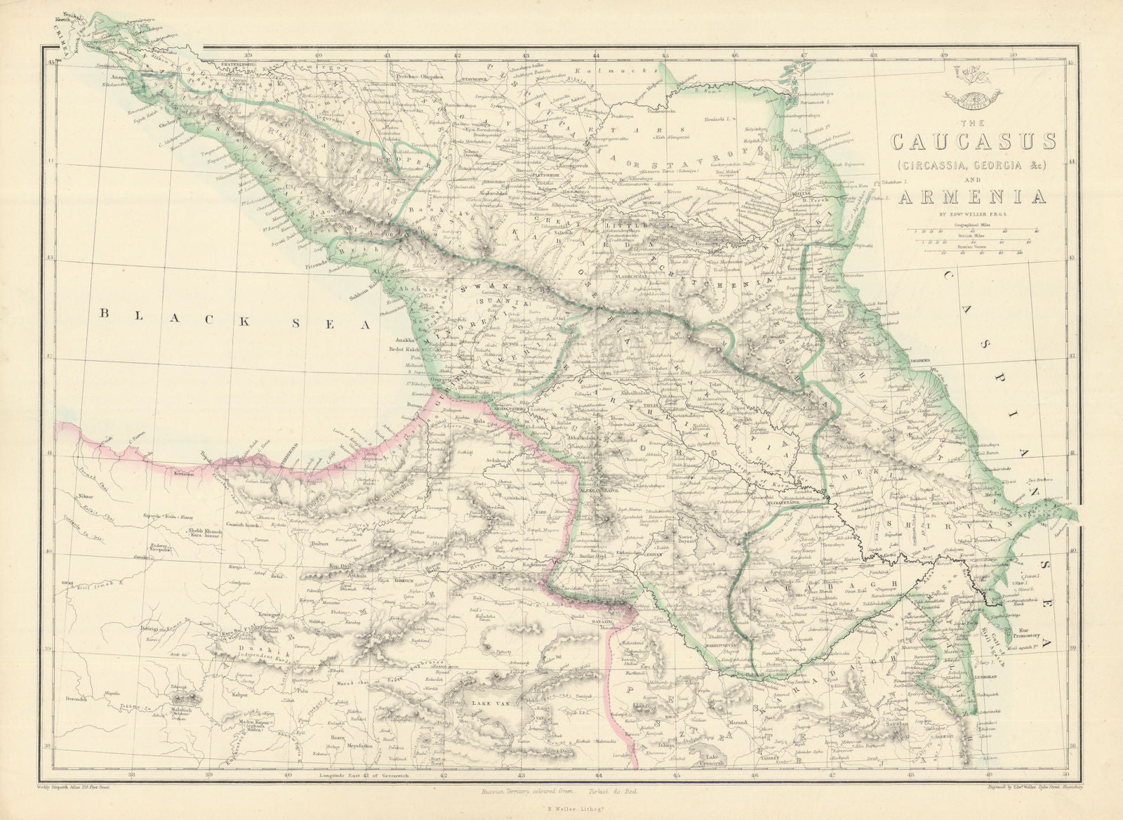 THE CAUCASUS & ARMENIA. Circassia Georgia Armenia. Azerbaijan. WELLER 1863 map